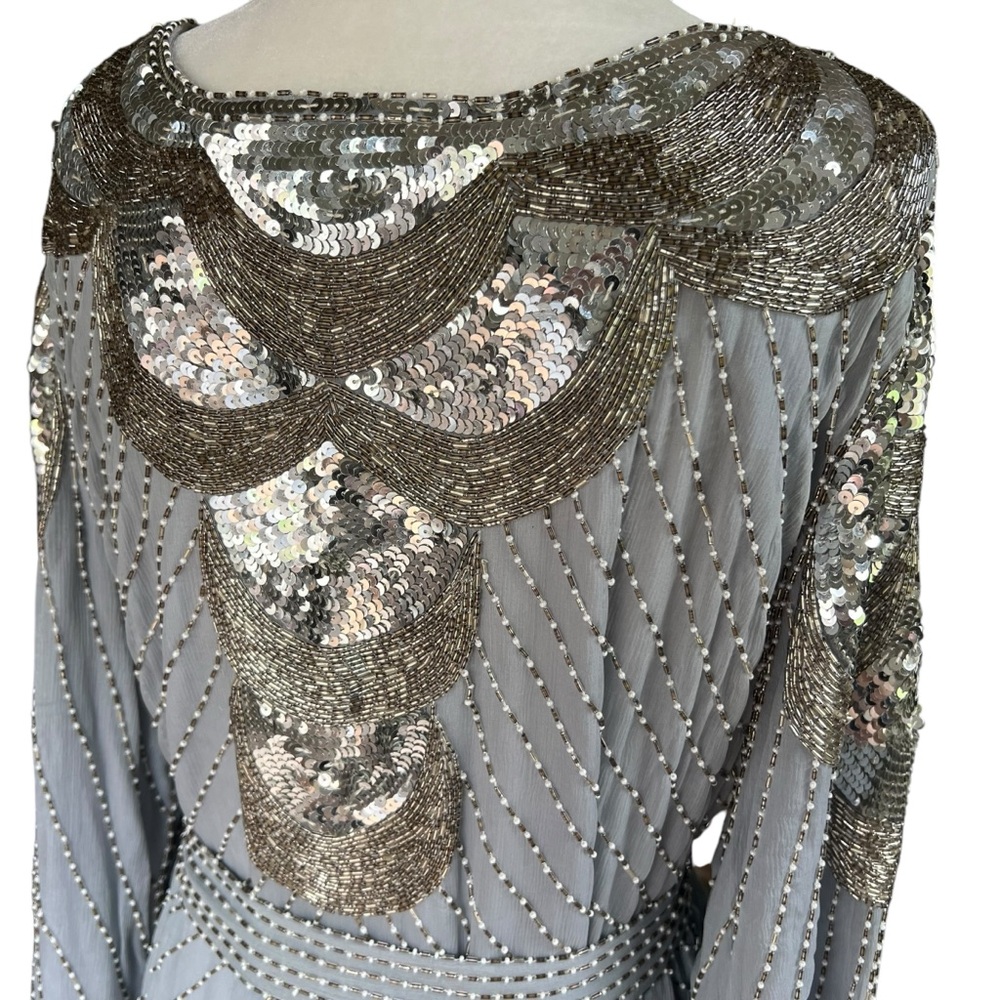 Vintage 🩶 SHO MAX - 3X Silver Silk Beaded Dress India Sequin Caftan Evening Gown - Picture 6 of 14